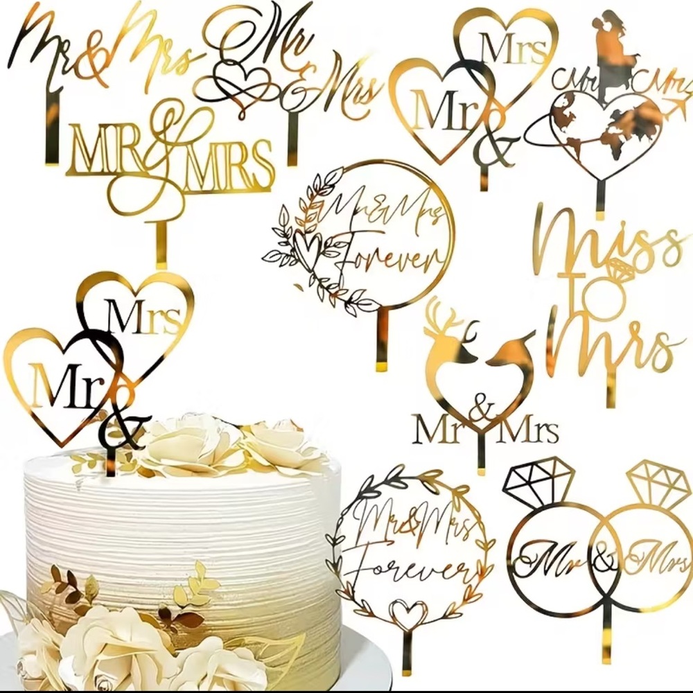 Gold Wedding cupcakes Toppers Set, 3 packs